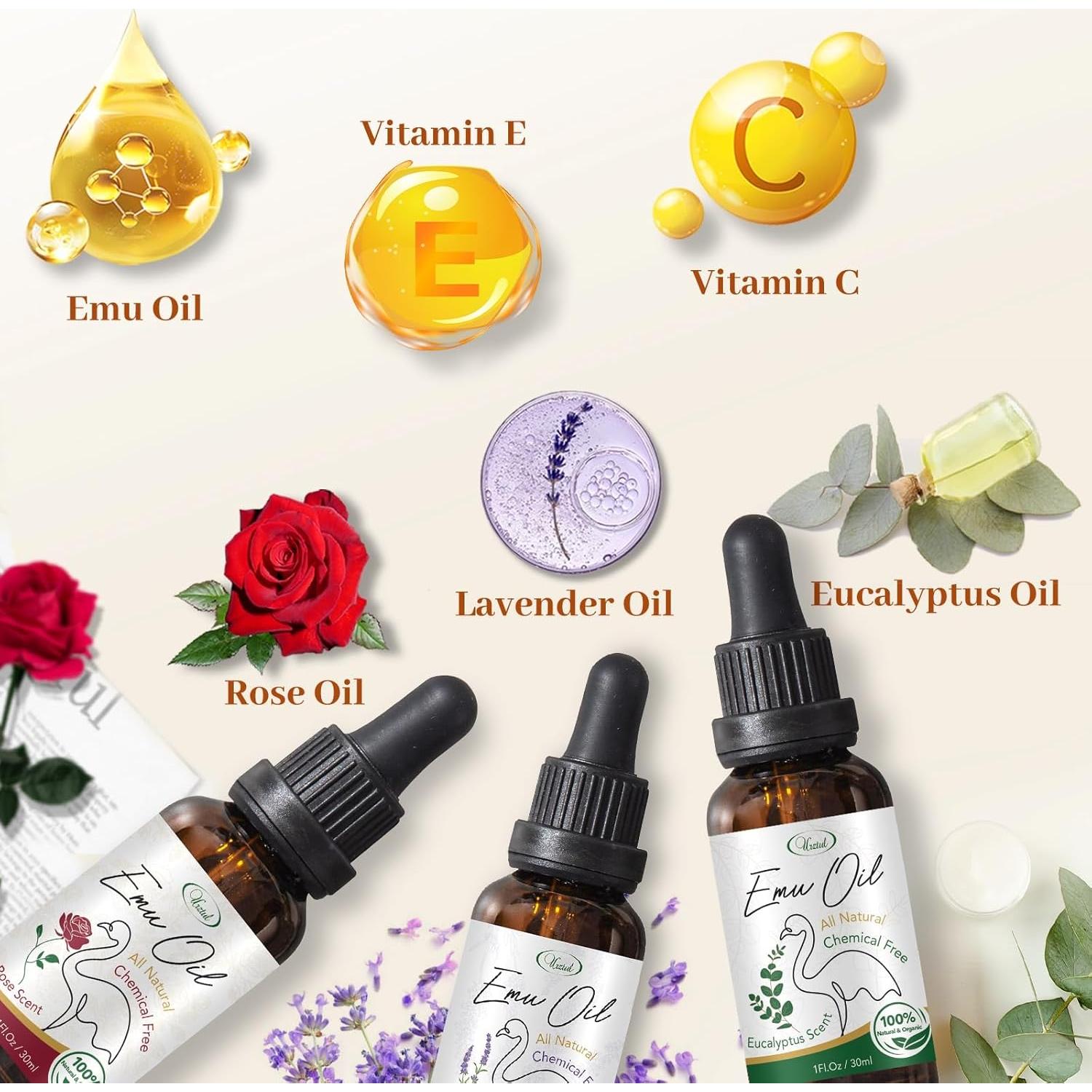 Aceite de Emú URZTUL 3 PCS: Rosa, Lavanda, Eucalipto Hidratante