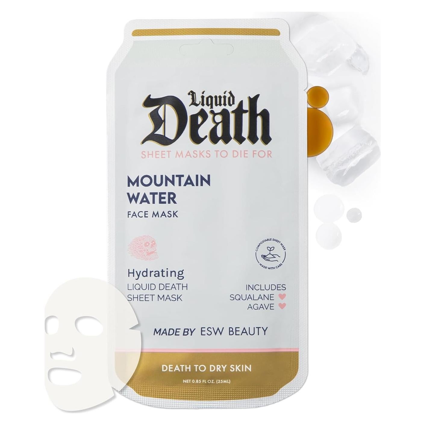 ESW Beauty Liquid Death Limited Edition Mountain Water Face Mask – Hydrating Sheet Mask with Aloe, Agave & Green Tea Extract