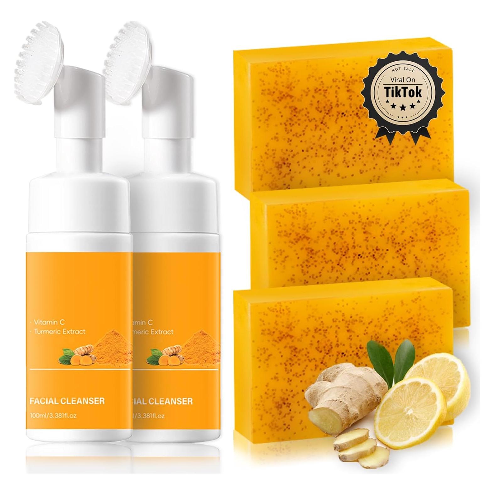 Set de Cuidado Facial y Corporal QVKZL - 2 Limpiadores y 3 Jabones de Cúrcuma