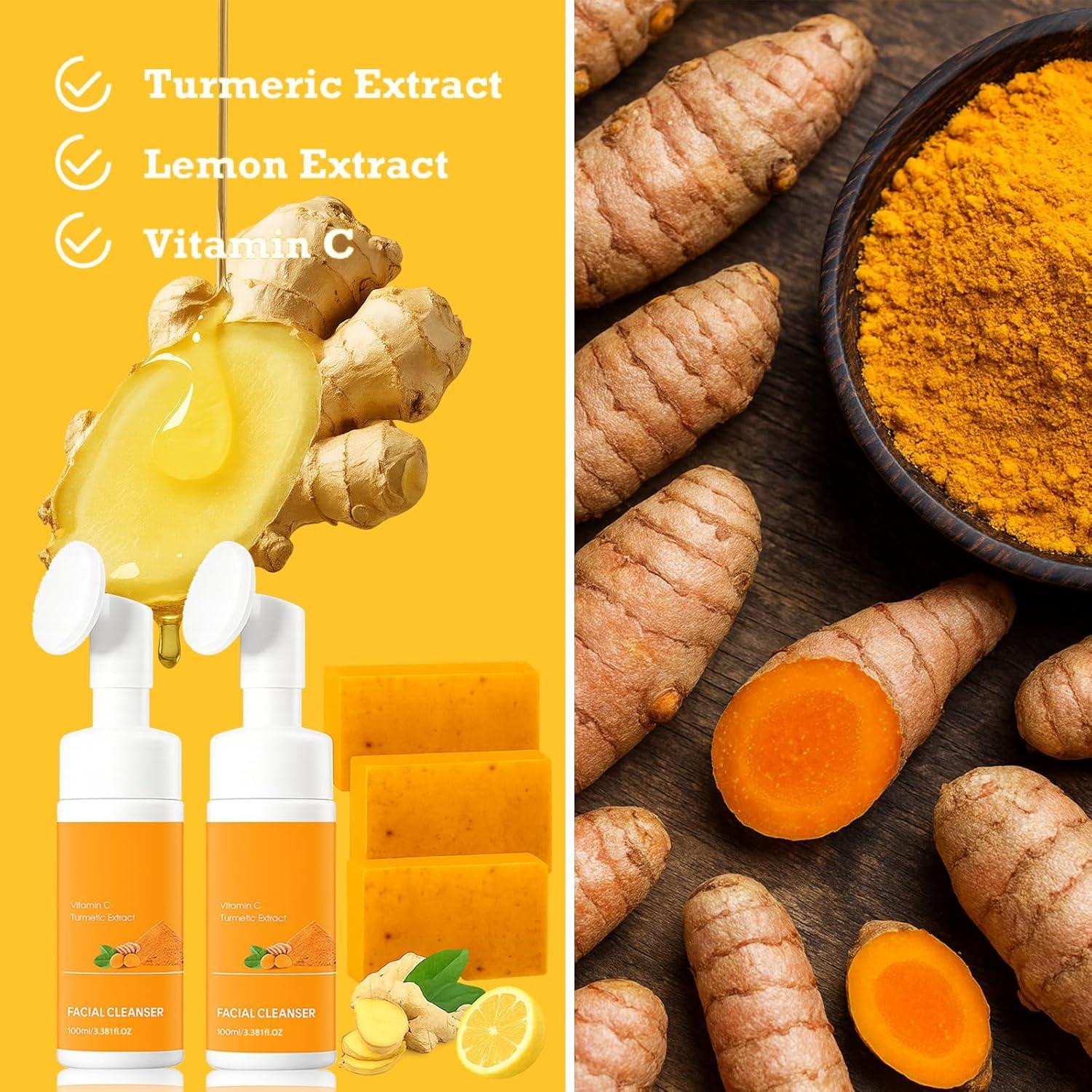 Set de Cuidado Facial y Corporal QVKZL - 2 Limpiadores y 3 Jabones de Cúrcuma