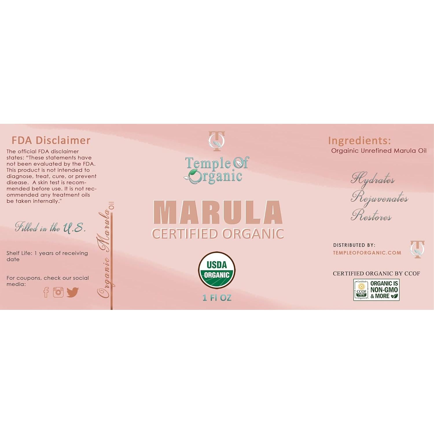 Aceite de Marula Orgánico Templo de Orgánico 30 ml Puro Vegano
