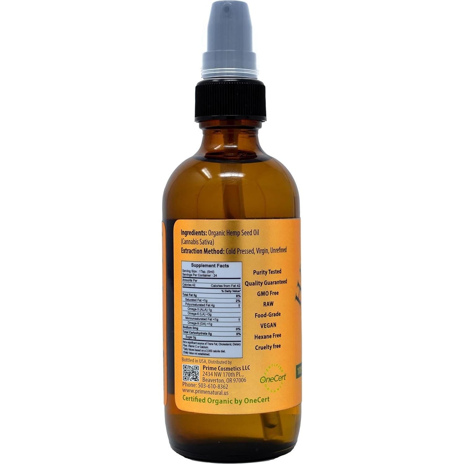 Aceite de Semilla de Cáñamo Orgánico Prime Natural 120ml - Certificado USDA - Puro y Virgen