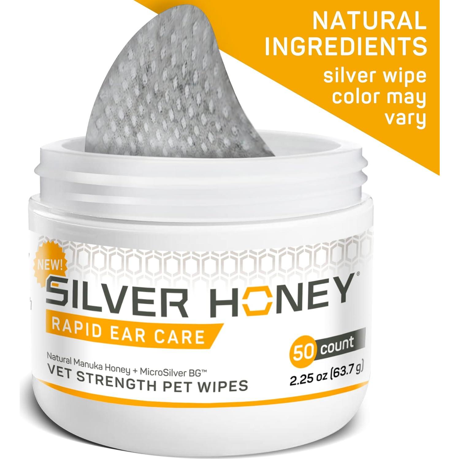 Absorbine Silver Honey Rapid Ear Care Vet Strength Pet Wipes, 50ct, Manuka Honey & MicroSilver BG
