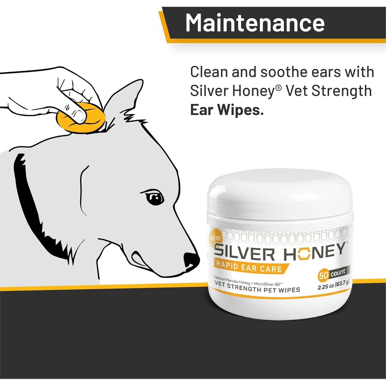 Absorbine Silver Honey Rapid Ear Care Vet Strength Pet Wipes, 50ct, Manuka Honey & MicroSilver BG