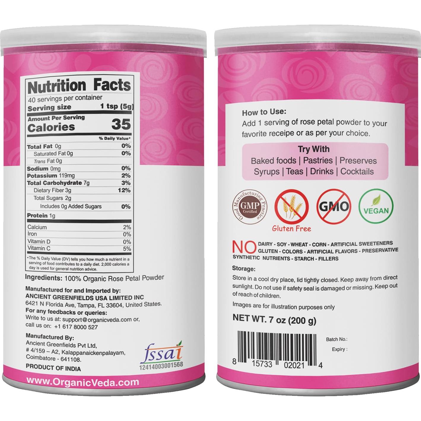 Polvo de Pétalos de Rosa Orgánico Veda 198g - Comestible y Natural