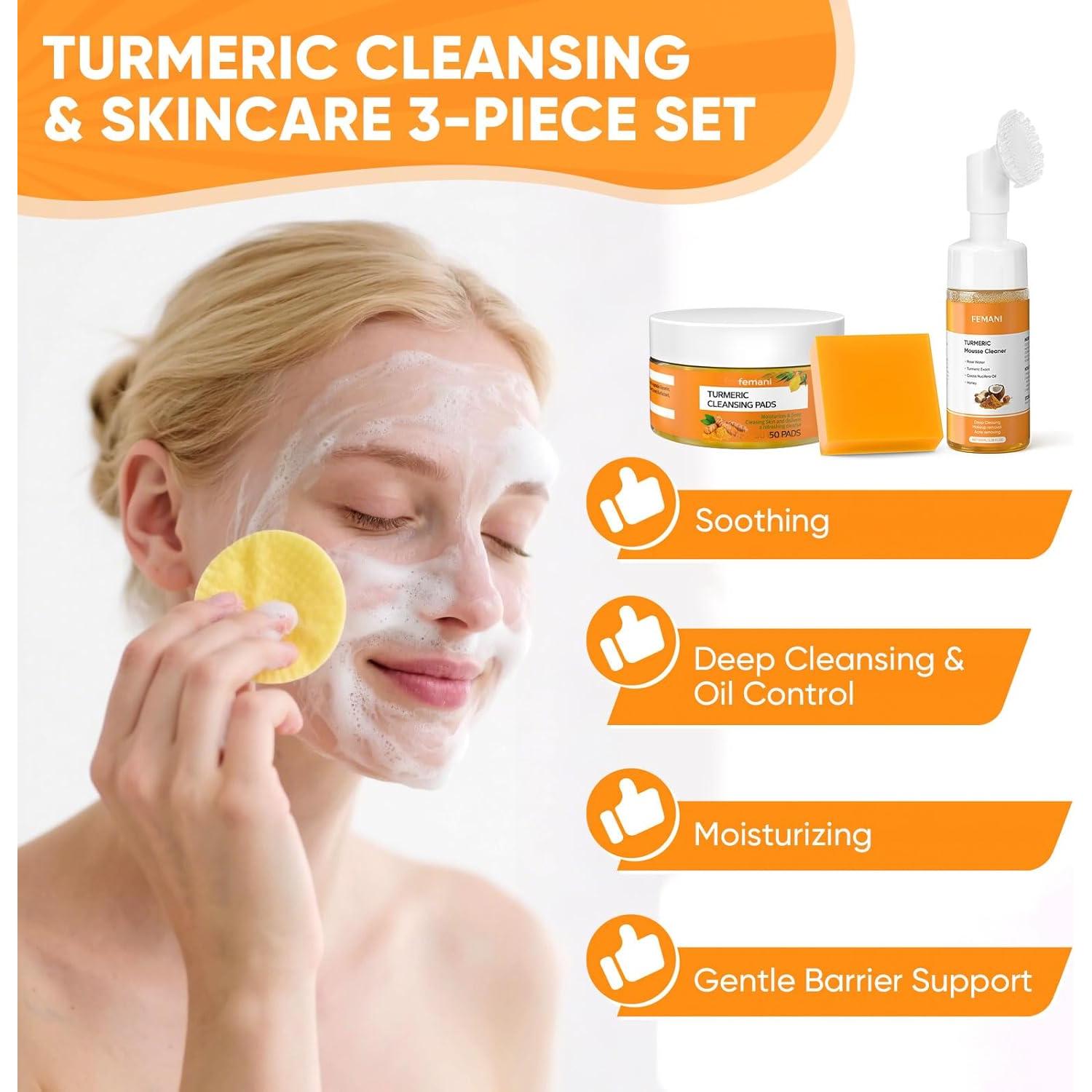 Set de Cuidado Facial de Cúrcuma 50 Discos + Jabón + Limpiador