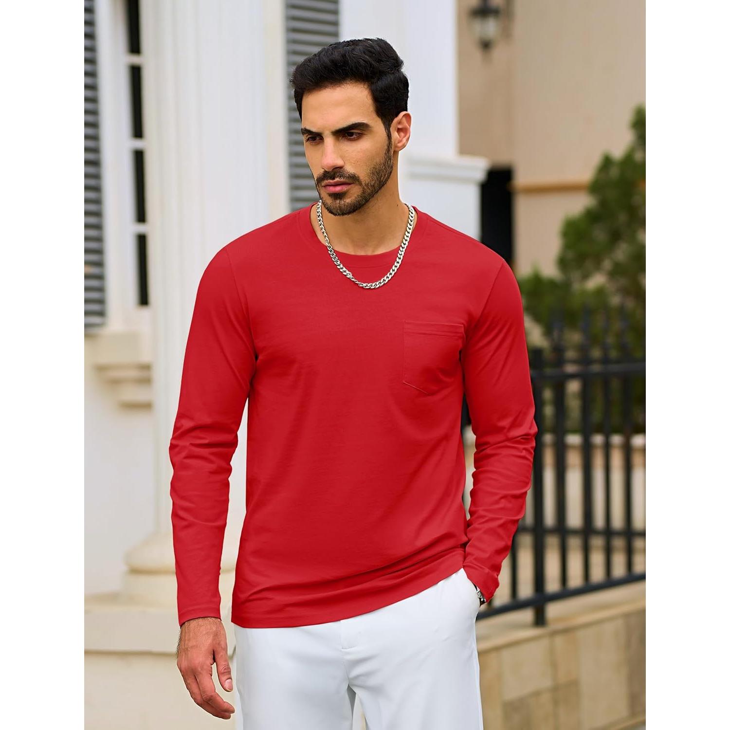 Camiseta de Manga Larga para Hombre TACVASEN Algodón X-Large Roja