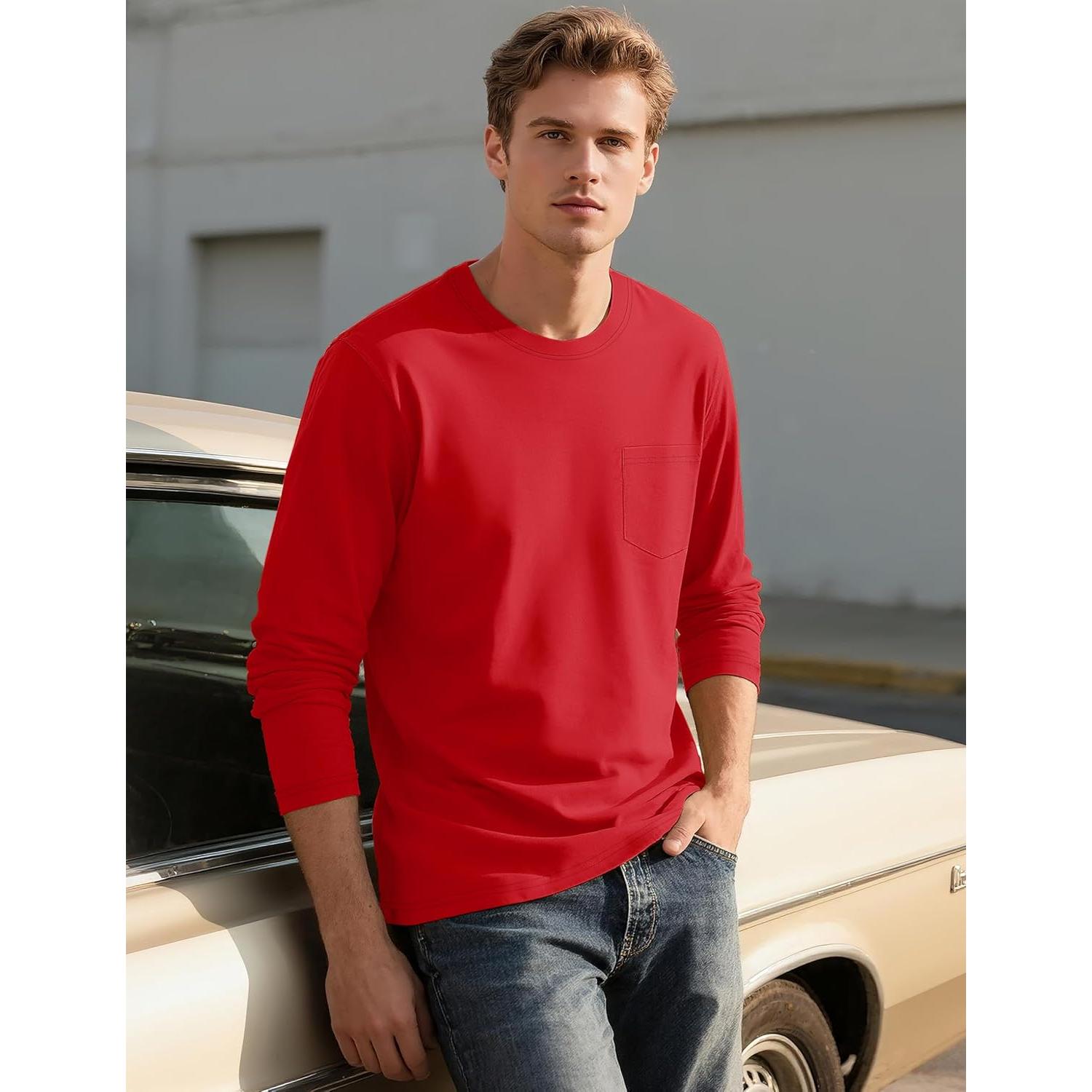 Camiseta de Manga Larga para Hombre TACVASEN Algodón X-Large Roja