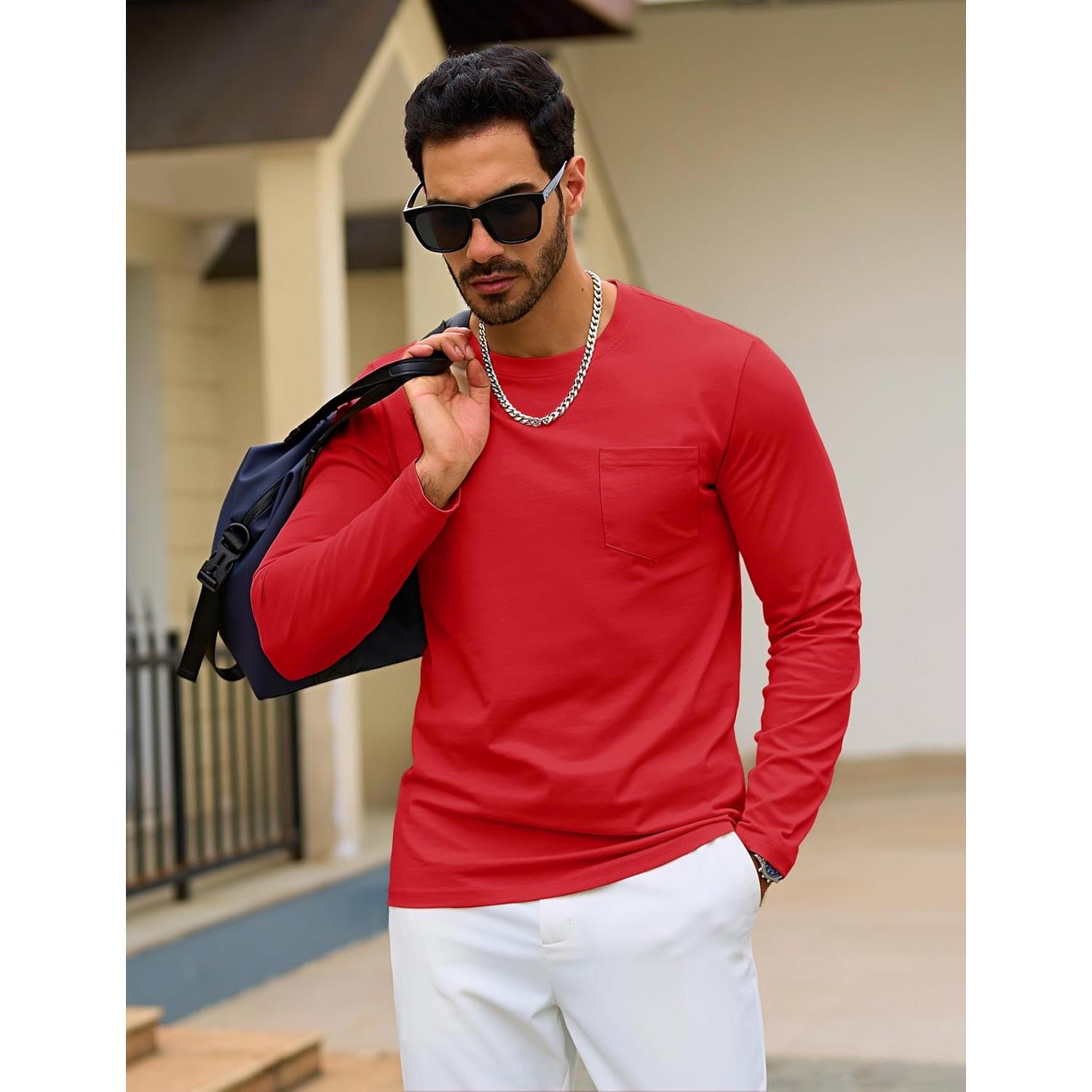 Camiseta de Manga Larga para Hombre TACVASEN Algodón X-Large Roja