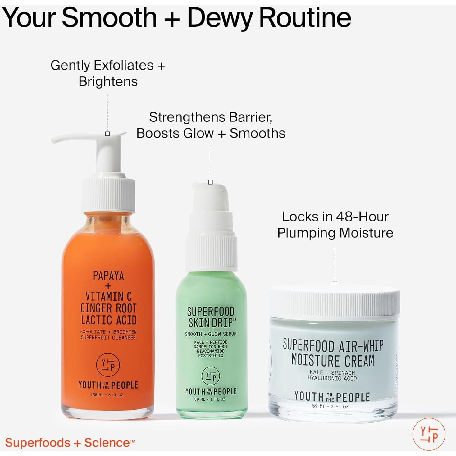 Kit de Cuidado Facial Youth To The People - Limpiador Exfoliante Suave 142g + Hidratante 56g + Suero 28g