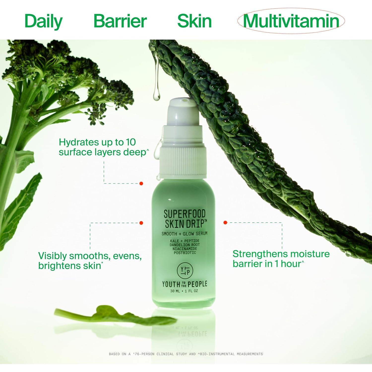 Kit de Cuidado Facial Youth To The People - Limpiador Exfoliante Suave 142g + Hidratante 56g + Suero 28g