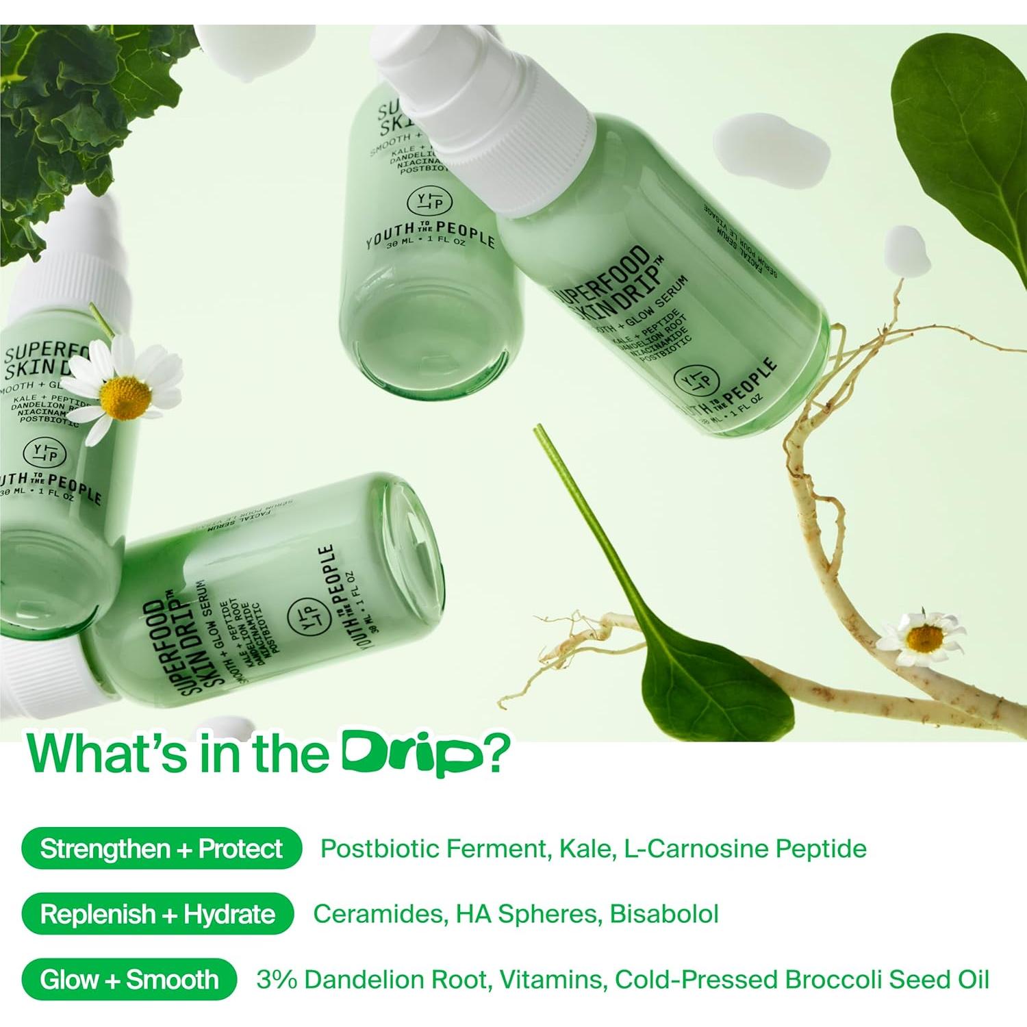 Kit de Cuidado Facial Youth To The People - Limpiador Exfoliante Suave 142g + Hidratante 56g + Suero 28g