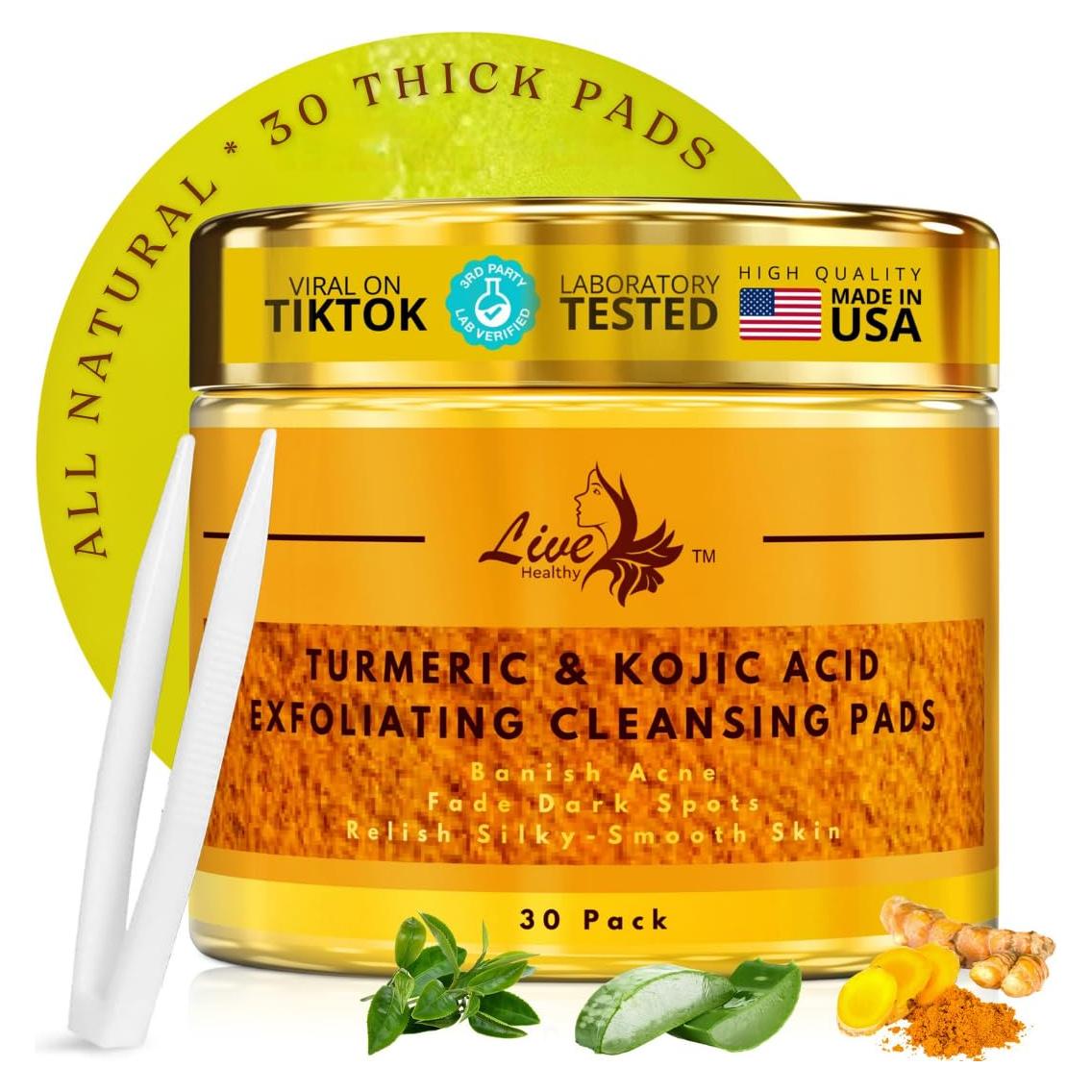 Almohadillas Limpiadoras Live Healthy Ácido Kojico y Cúrcuma 30 Unidades