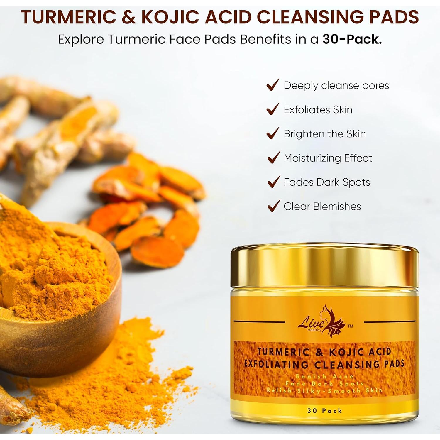 Almohadillas Limpiadoras Live Healthy Ácido Kojico y Cúrcuma 30 Unidades