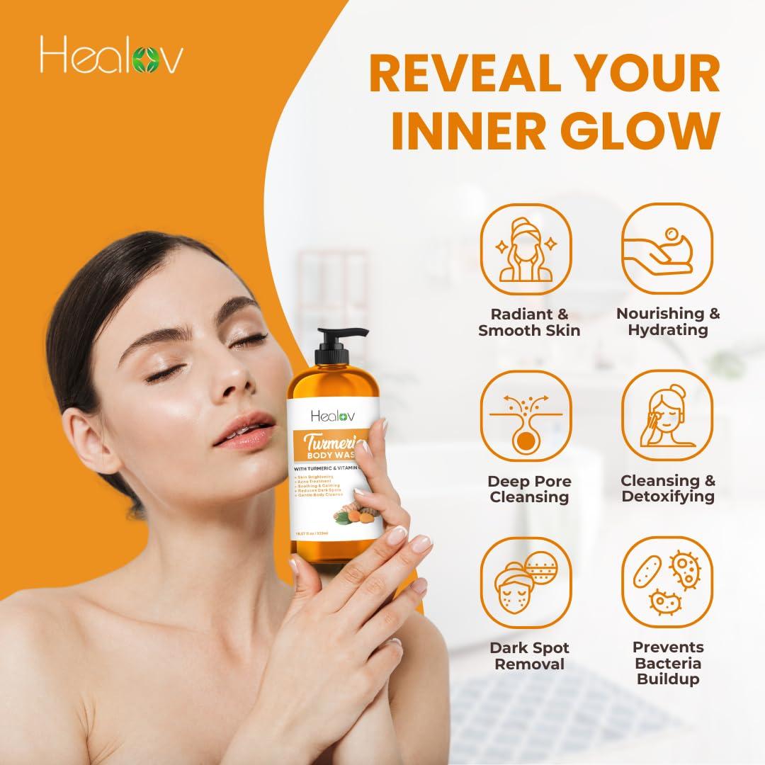 Jabón Líquido Iluminador de Cúrcuma Healov 550g - Facial y Corporal