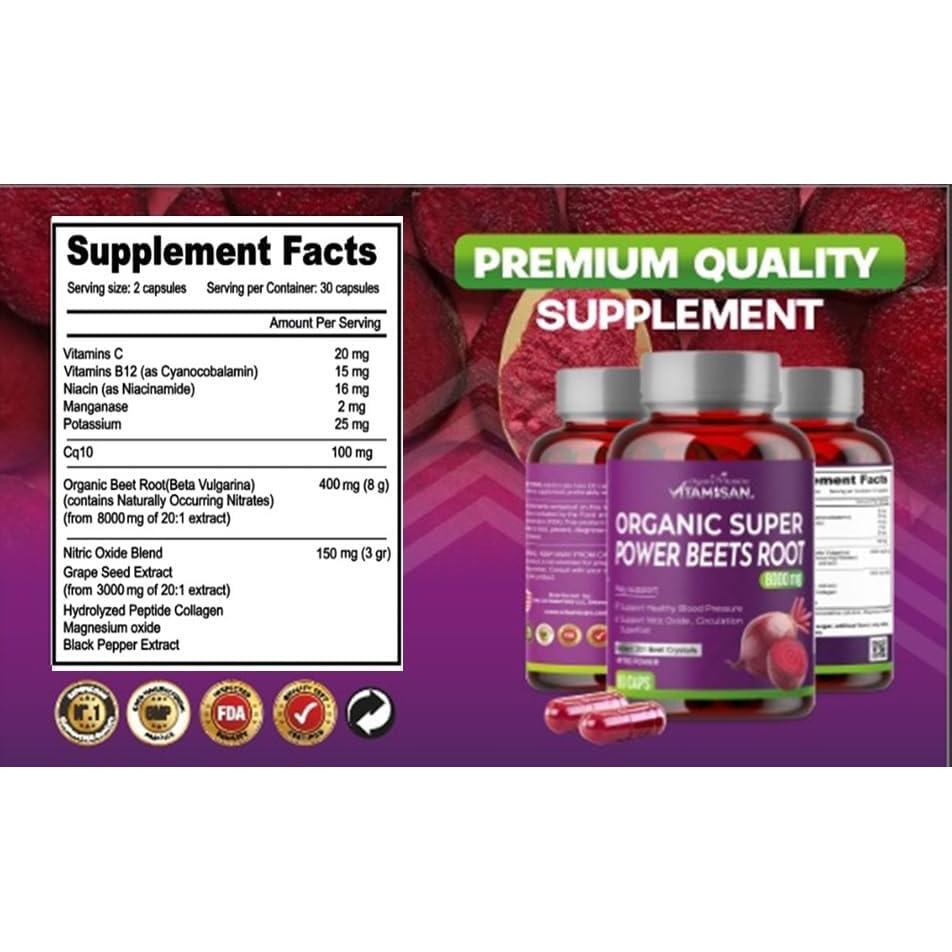 VITAMISAN Polvo Super Orgánico de Remolacha 8000mg - 60 Cápsulas