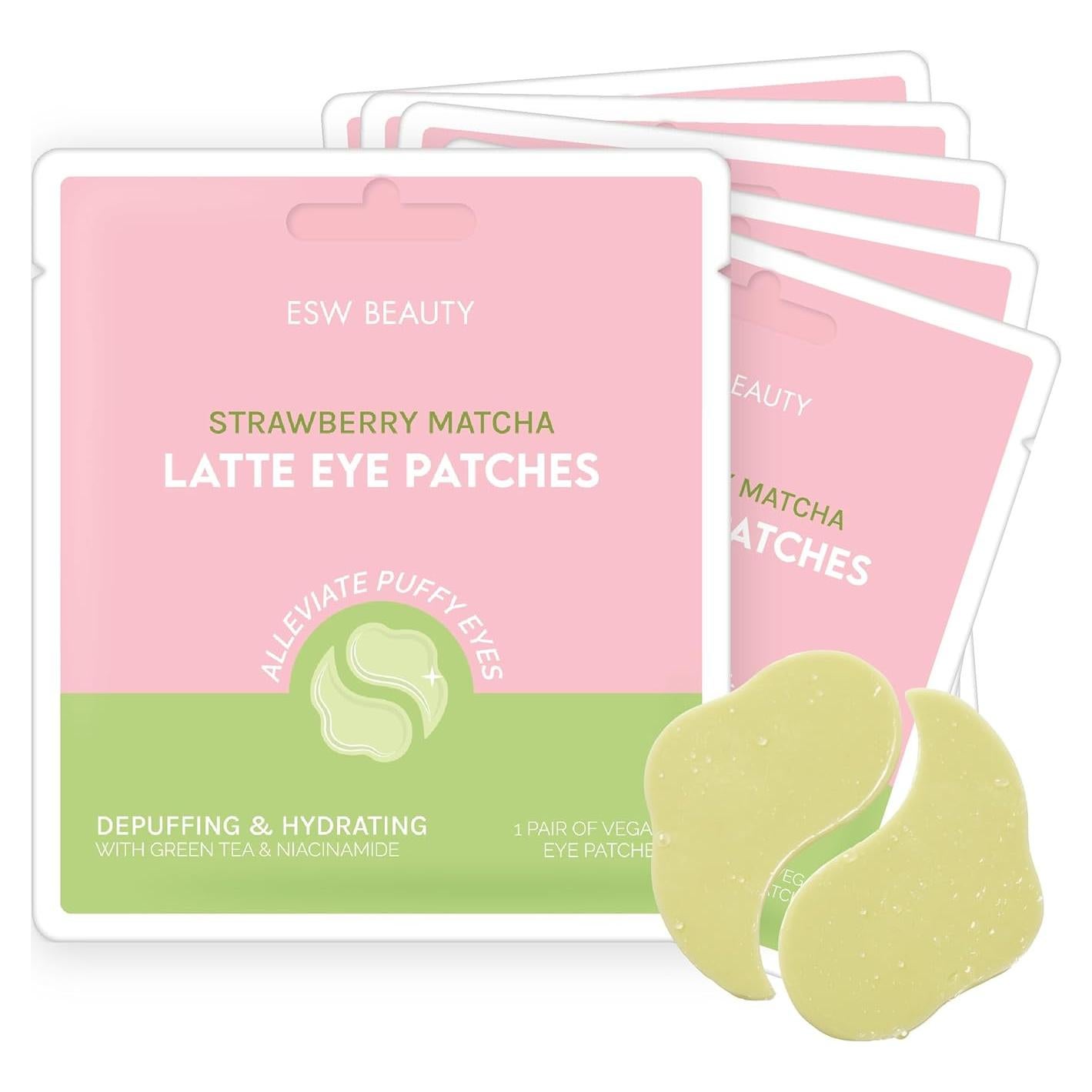 ESW Beauty Strawberry Matcha Latte Under Eye Patches (5-Pack) – Depuffing & Hydrating – Vegan Hydrogel with Green Tea for Refreshing, Nourished Under Eyes