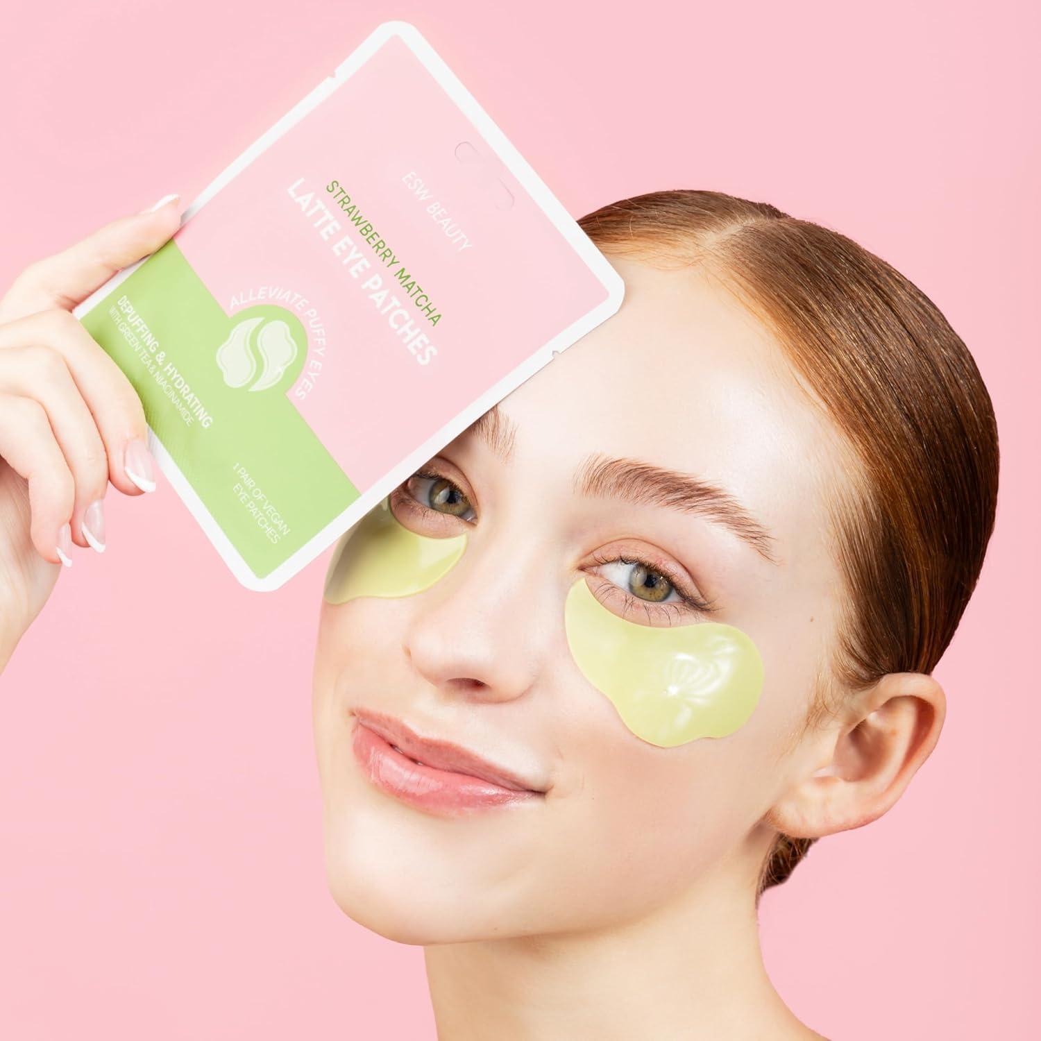 ESW Beauty Strawberry Matcha Latte Under Eye Patches (5-Pack) – Depuffing & Hydrating – Vegan Hydrogel with Green Tea for Refreshing, Nourished Under Eyes