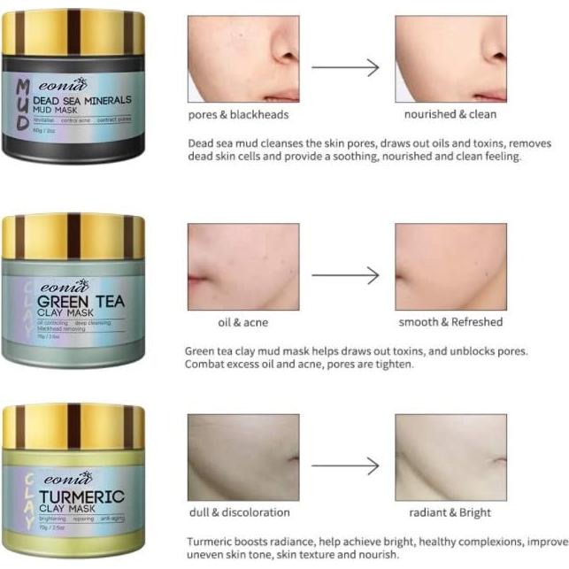 Set de Mascarillas Faciales Eonia: Arcilla Cúrcuma, Té Verde y Barro del Mar Muerto - 3 x 70.87 g