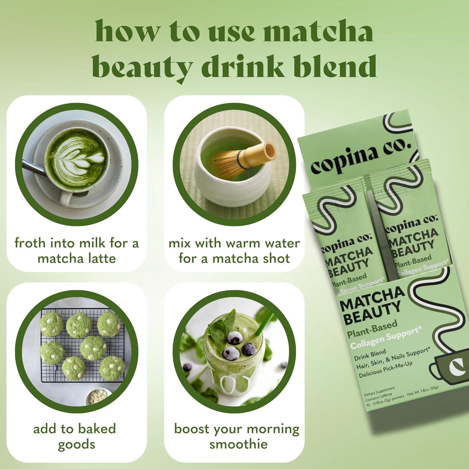 Mezcla de Bebida de Colágeno Vegano Copina Co. Sabor Matcha - 10 Paquetes
