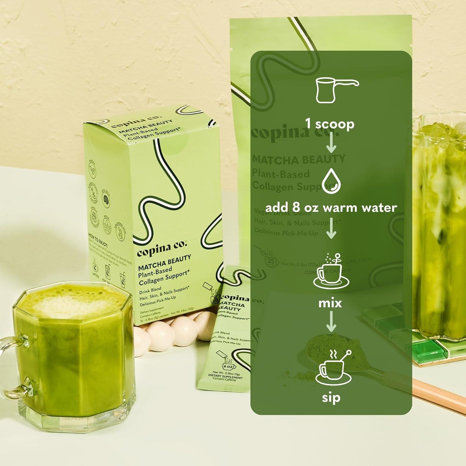 Mezcla de Bebida de Colágeno Vegano Copina Co. Sabor Matcha - 10 Paquetes