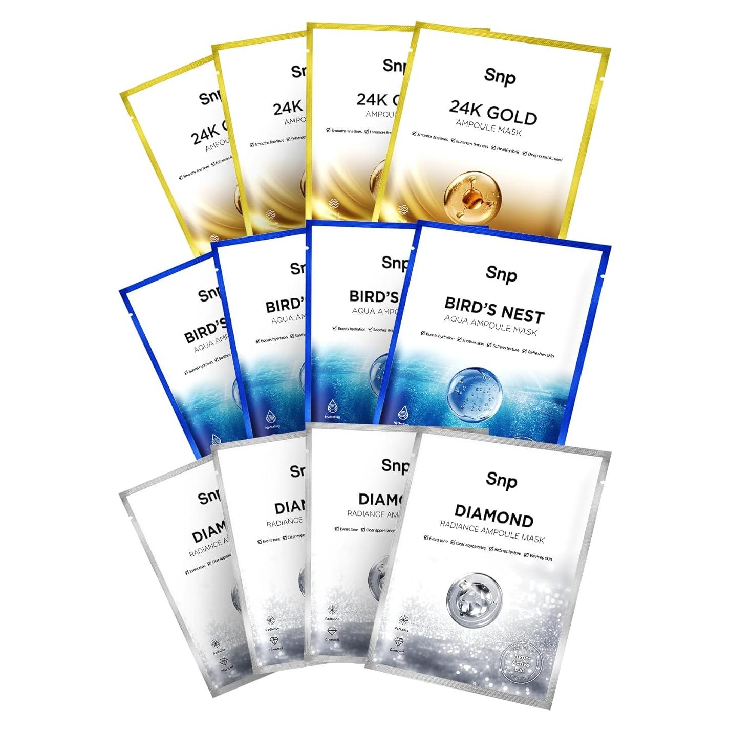 Conjunto de Mascarillas Faciales SNP | Nido de Pájaro, Oro 24K, Diamante | Hidratante y Nutritivo | 12 Hojas