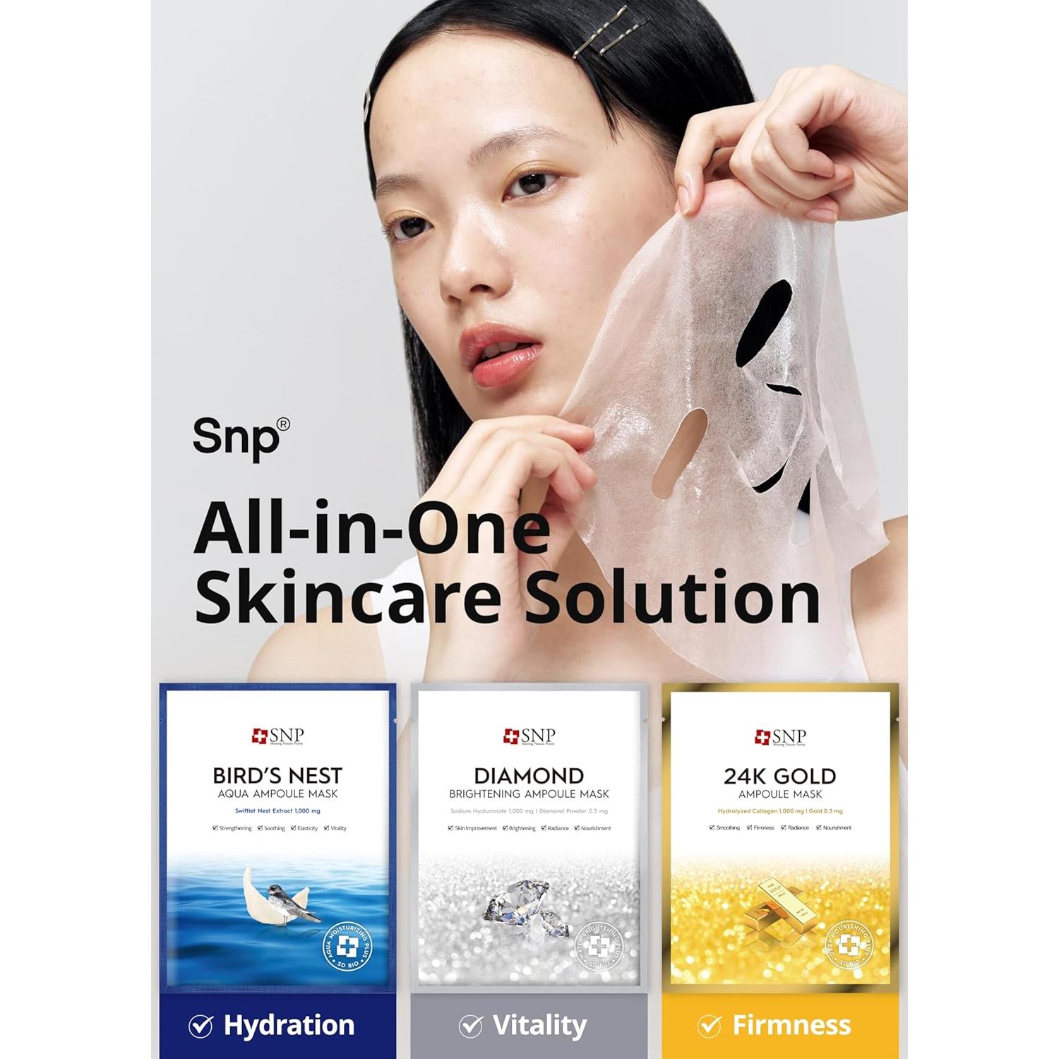 Conjunto de Mascarillas Faciales SNP | Nido de Pájaro, Oro 24K, Diamante | Hidratante y Nutritivo | 12 Hojas