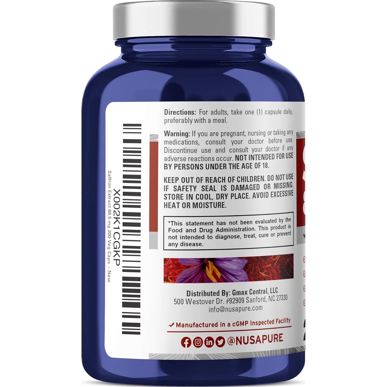 Extracto de Azafrán NusaPure 8850mg 200 Cápsulas Veganas