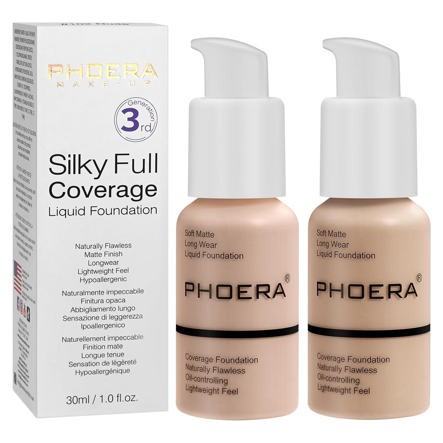 Base Líquida Mate PHOERA 30ml - Cobertura Completa 24HR