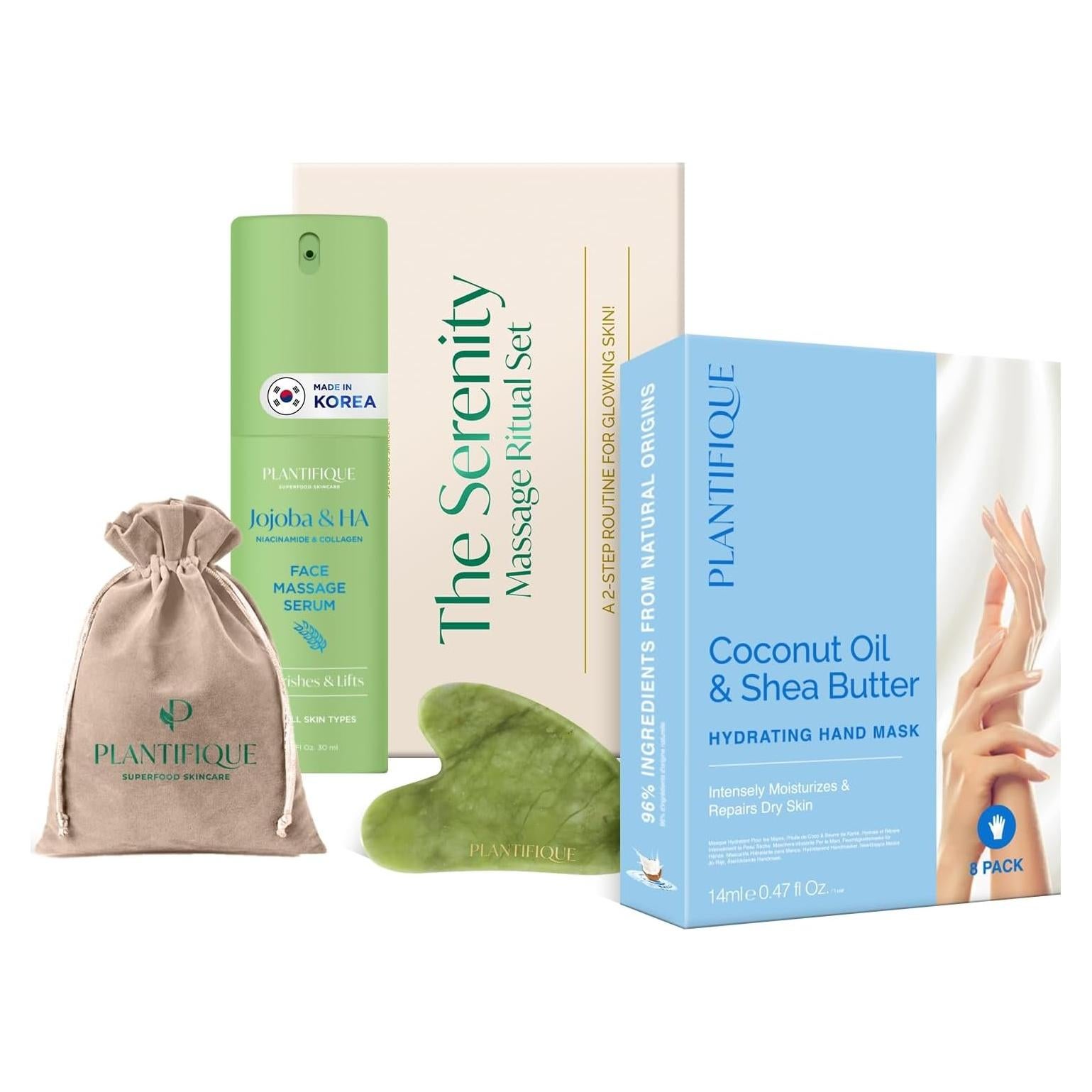 Conjunto de Ritual de Masaje Plantifique: Gua Sha Jade + Aceite Jojoba + Suero Ácido Hialurónico + Guantes Hidratantes