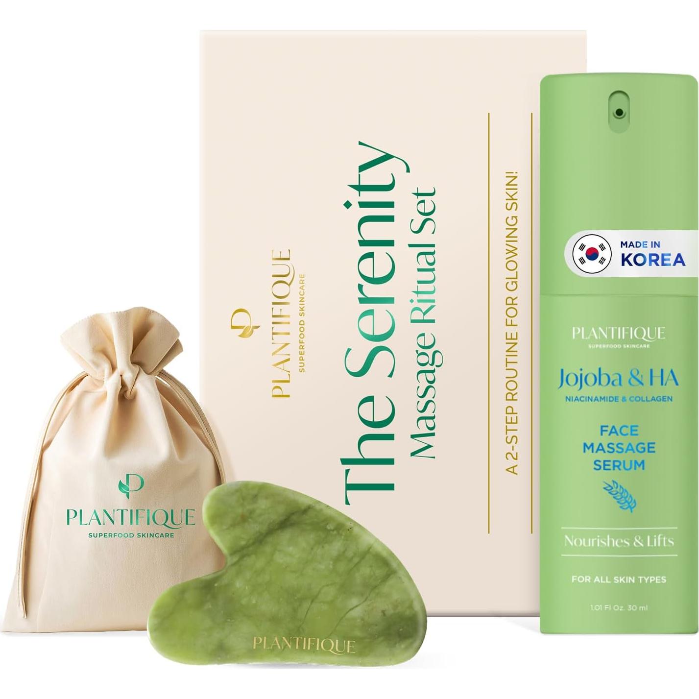 Conjunto de Ritual de Masaje Plantifique: Gua Sha Jade + Aceite Jojoba + Suero Ácido Hialurónico + Guantes Hidratantes