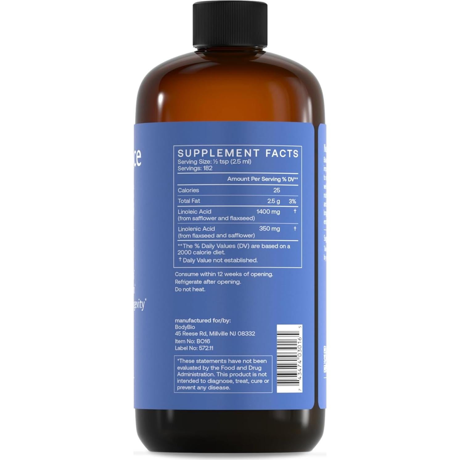 BodyBio Balance Oil - Suplemento Vegano Omega 3 y 6 480g