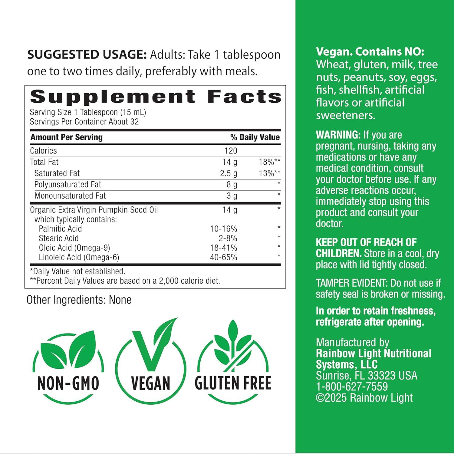 Aceite de Semilla de Calabaza Orgánico Rainbow Light 473 ml