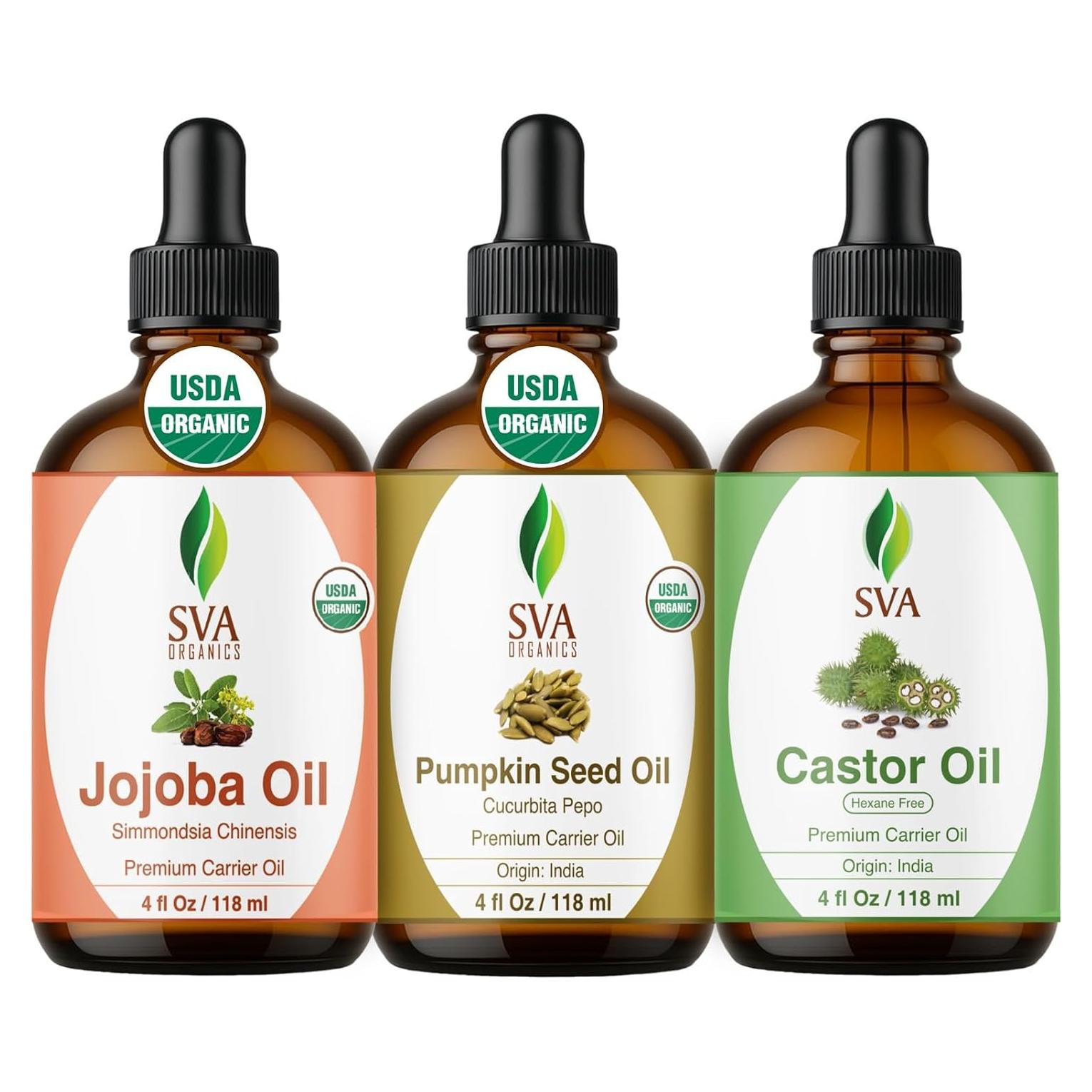 Combo Aceites Portadores SVA 4 oz: Calabaza, Ricino, Jojoba