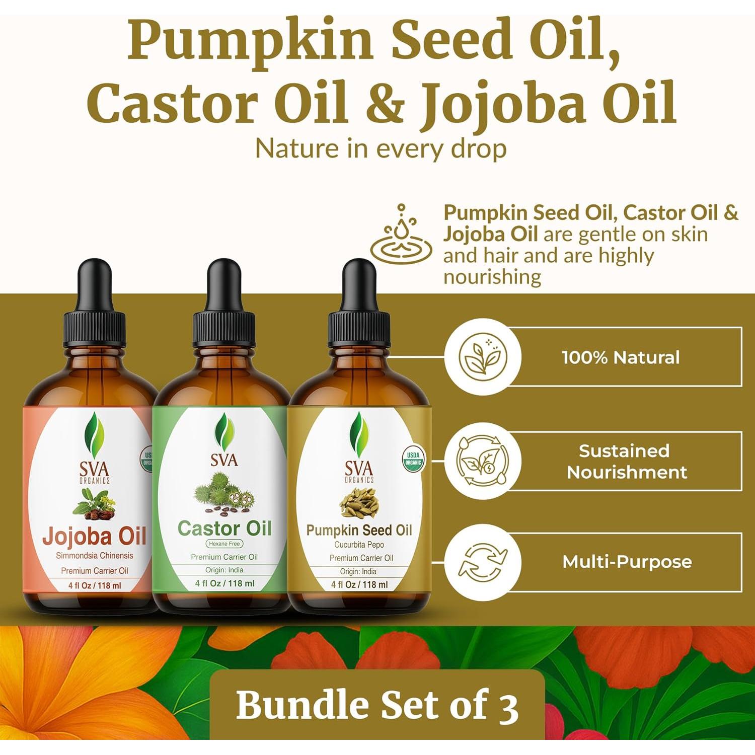 Combo Aceites Portadores SVA 4 oz: Calabaza, Ricino, Jojoba