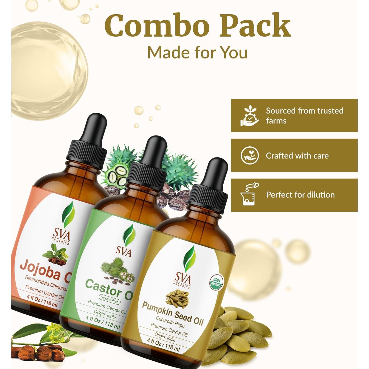 Combo Aceites Portadores SVA 4 oz: Calabaza, Ricino, Jojoba
