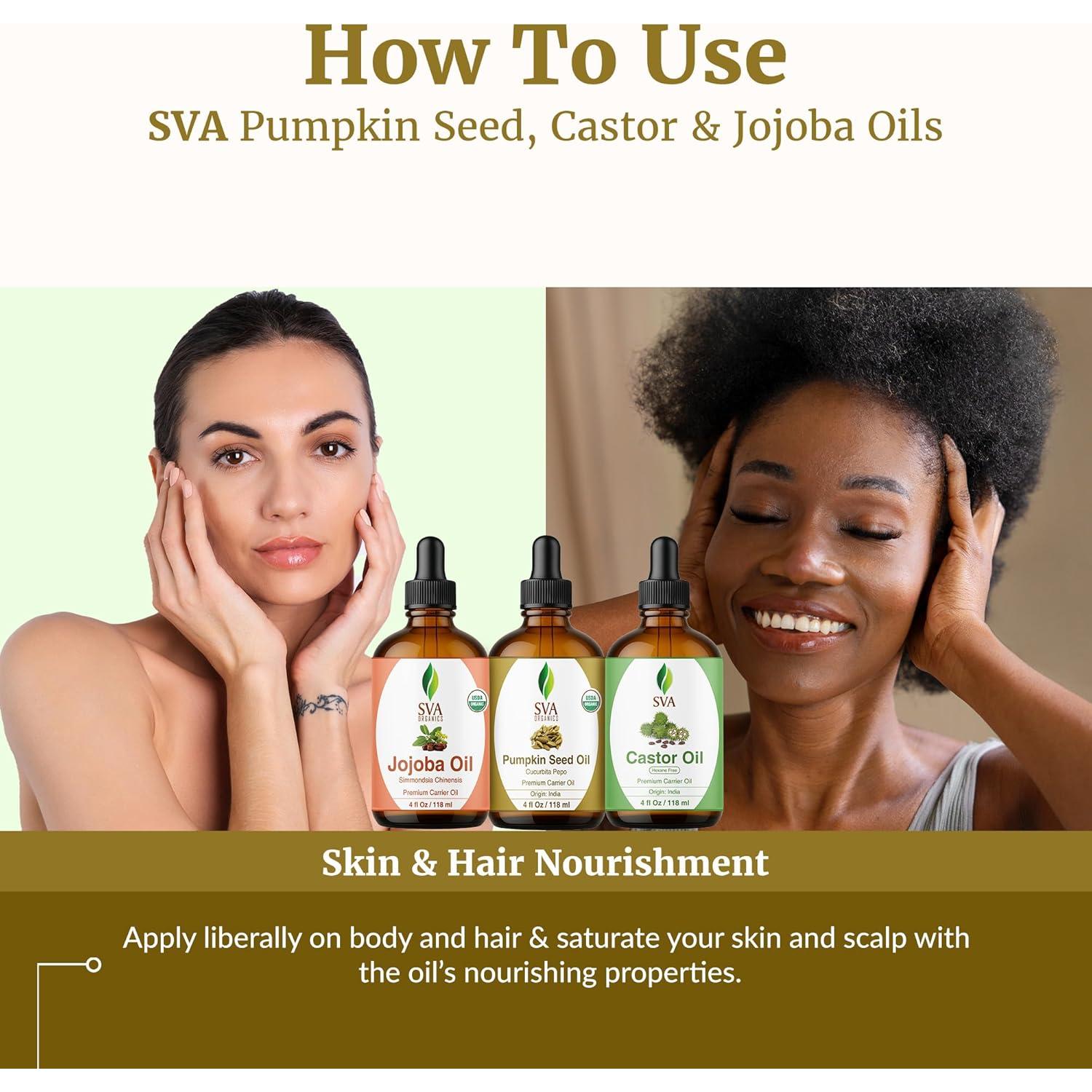 Combo Aceites Portadores SVA 4 oz: Calabaza, Ricino, Jojoba