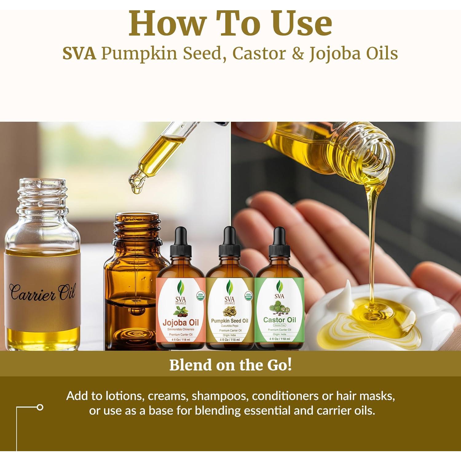 Combo Aceites Portadores SVA 4 oz: Calabaza, Ricino, Jojoba