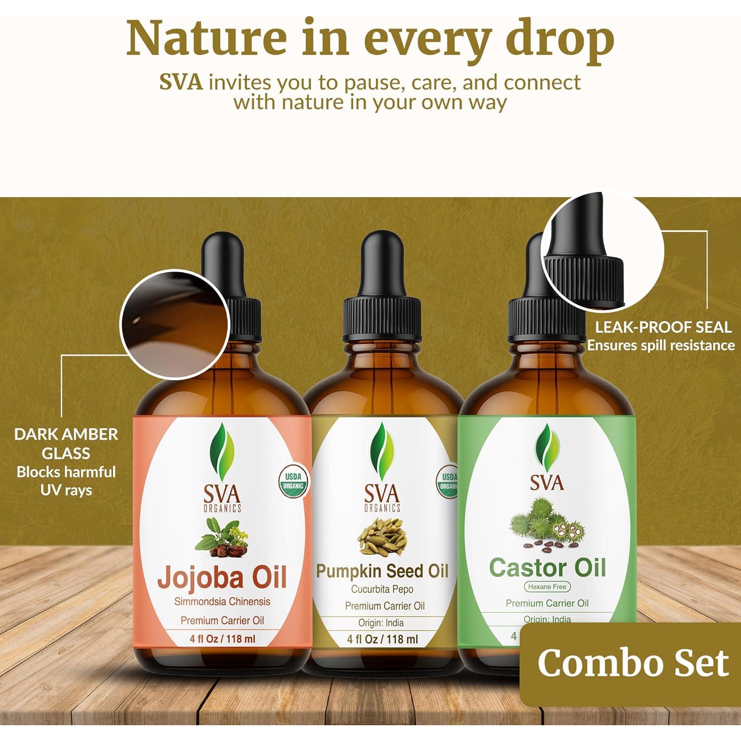 Combo Aceites Portadores SVA 4 oz: Calabaza, Ricino, Jojoba