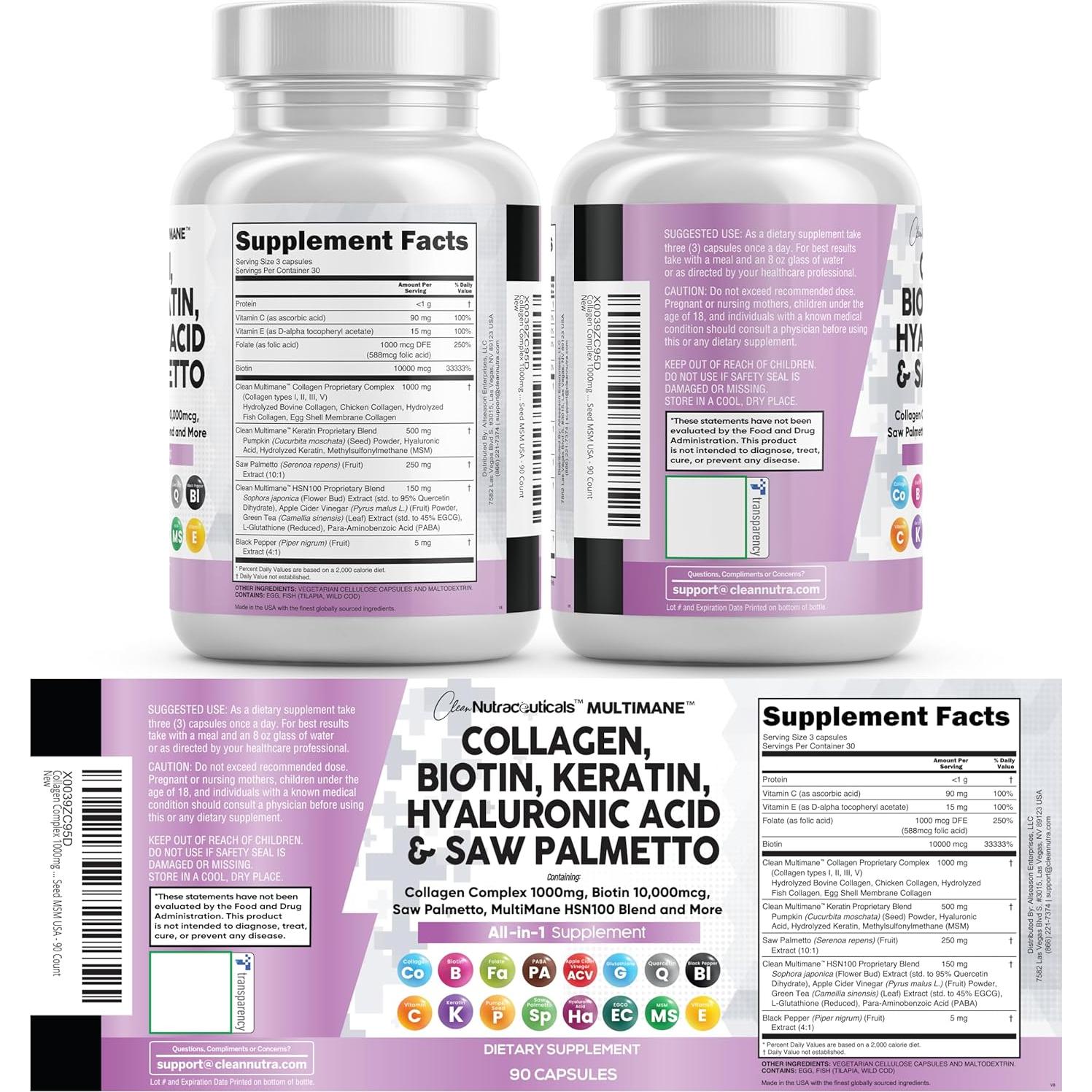 Píldoras de colágeno Clean Nutraceuticals 1000mg Biotina 10000mcg