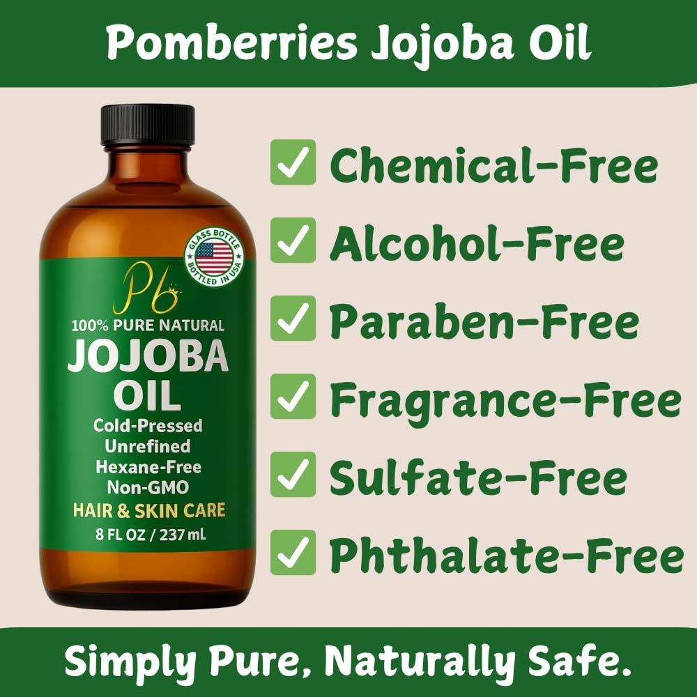 Aceite de Jojoba 236.6 ml Pomberries - Prensado en Frío, Sin Refinar