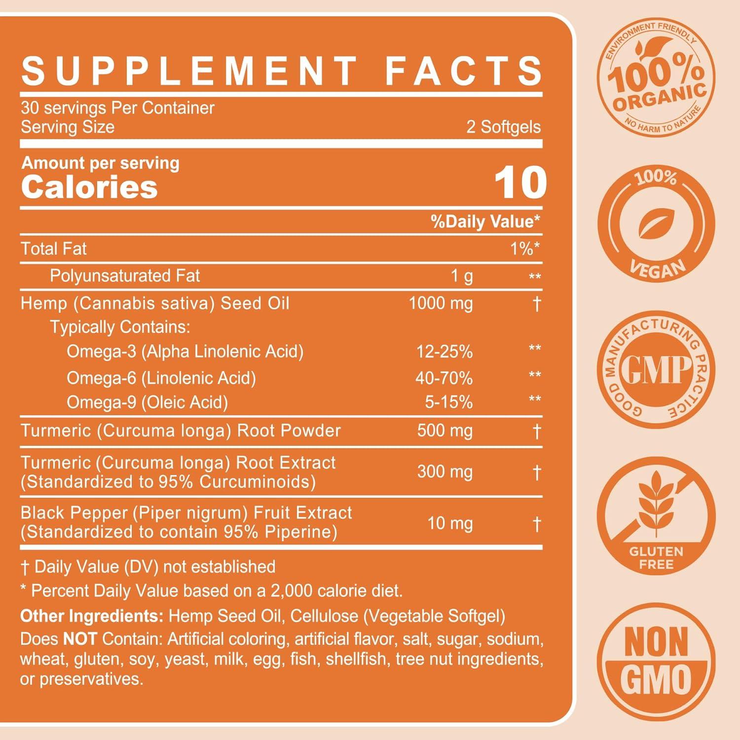 Cápsulas de Aceite de Cañamo Orgánico Neviss - 120 Gelatinas Blandas con Cúrcuma y Pimienta Negra