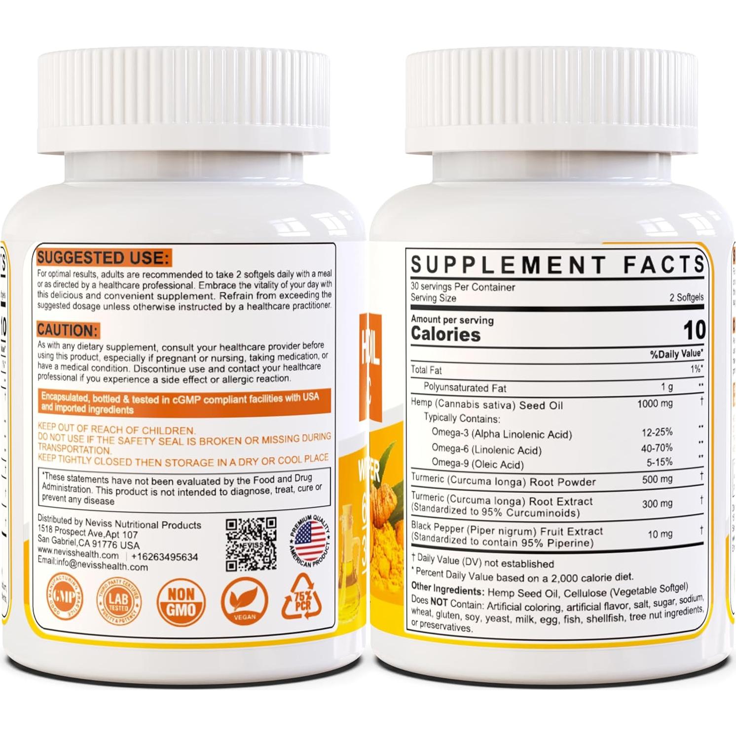 Cápsulas de Aceite de Cañamo Orgánico Neviss - 120 Gelatinas Blandas con Cúrcuma y Pimienta Negra