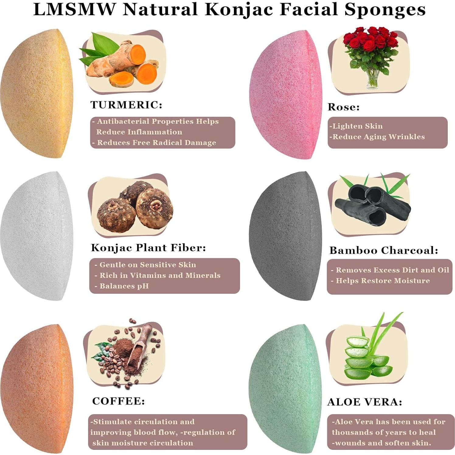 Juego de 6 Esponjas Faciales Konjac LMSMW con Carbón Activado
