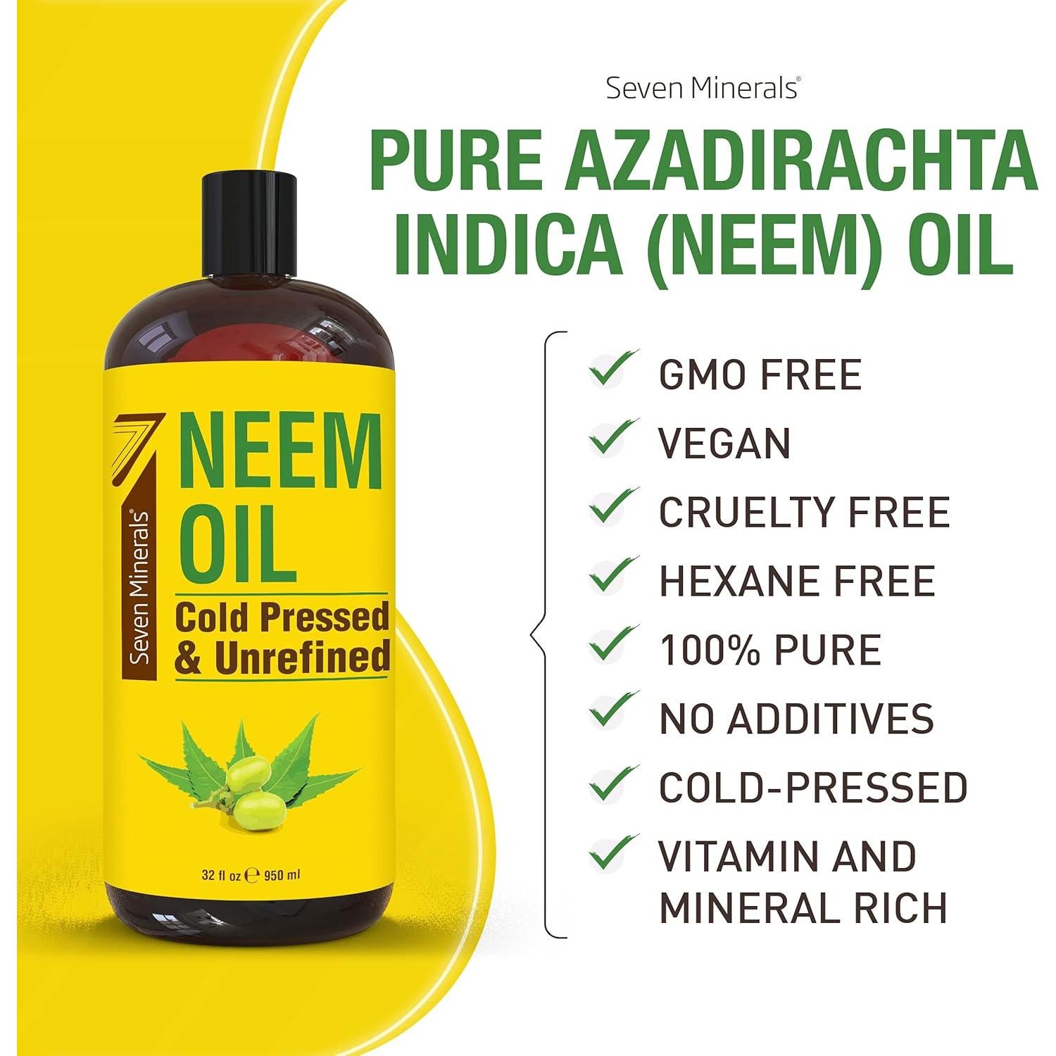 Aceite de Neem Puro Seven Minerals 946 ml - Sin OGM, Prensado en Frío