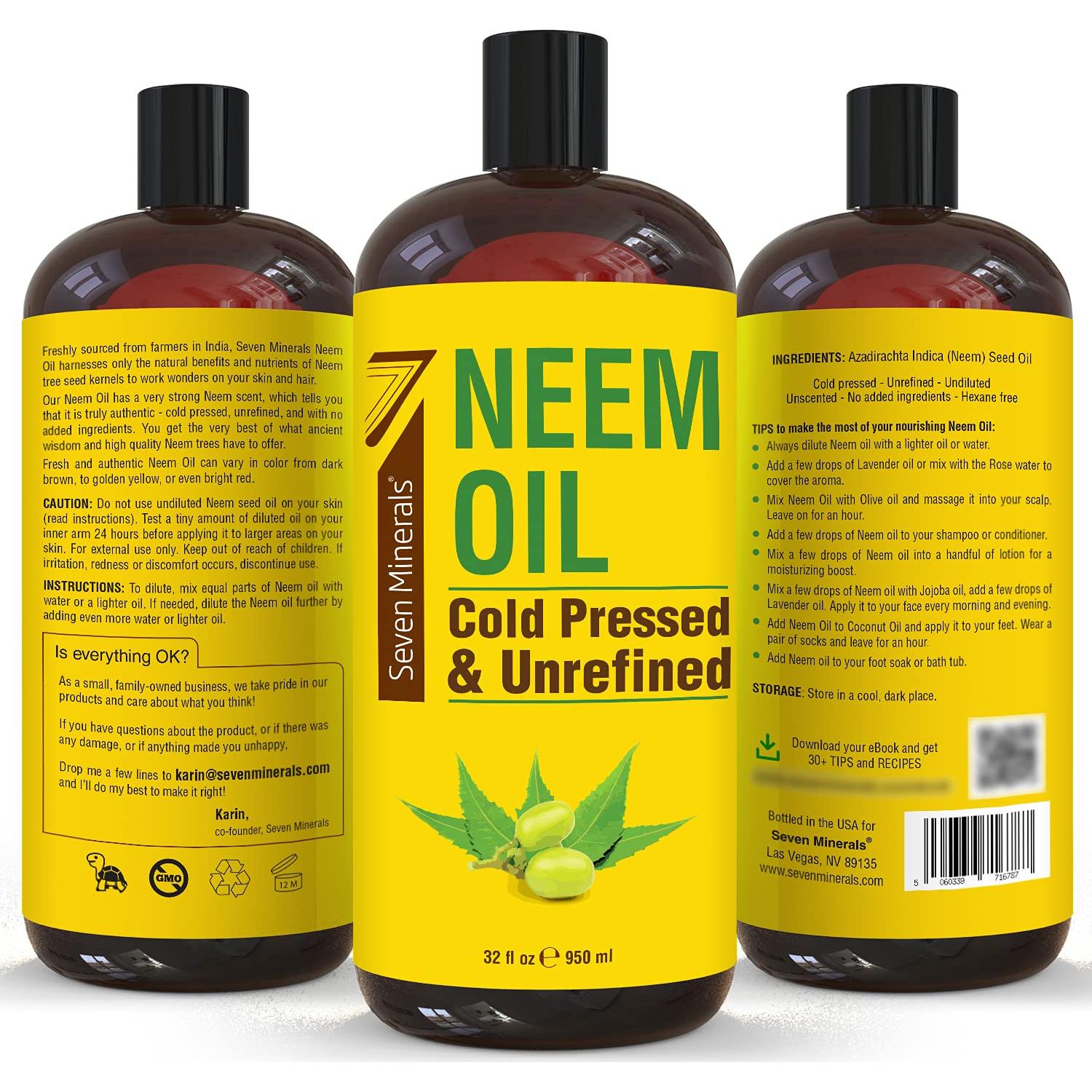 Aceite de Neem Puro Seven Minerals 946 ml - Sin OGM, Prensado en Frío
