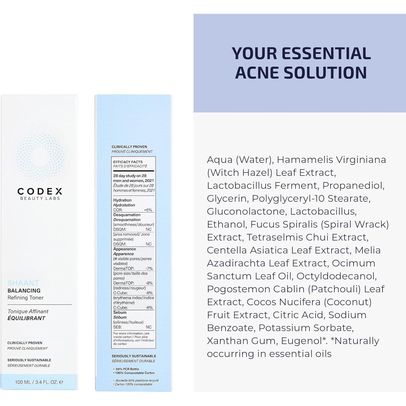 Tónico Refinador Shaant Codex Labs 100ml - Hidratante y Antiacné