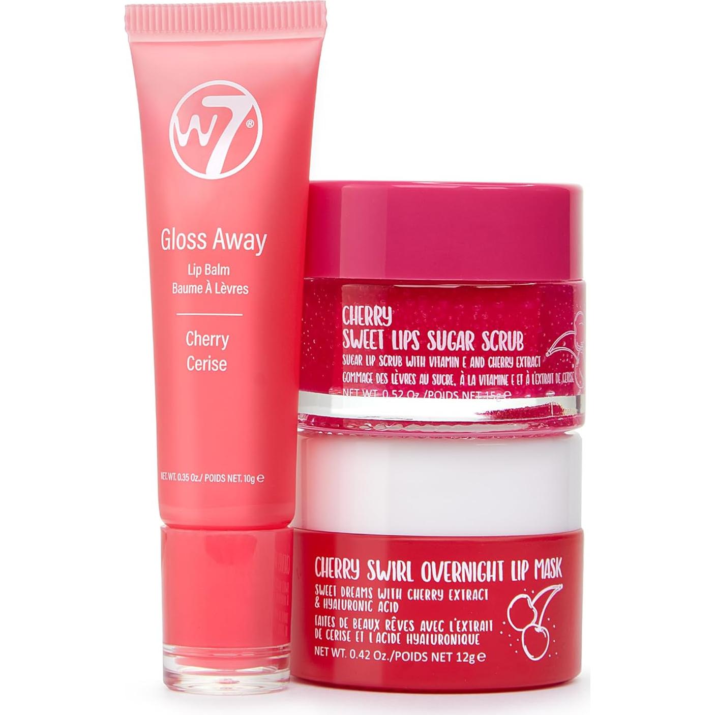W7 Dulces Sueños Set Labial 3 Piezas Cereza - Exfoliante, Mascarilla y Bálsamo