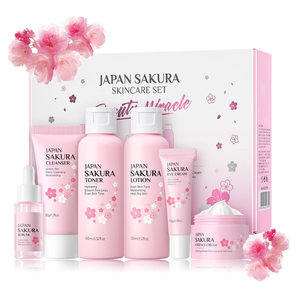 Juego de Cuidado de la Piel Sakura 6 Piezas - Limpiador, Tónico, Crema