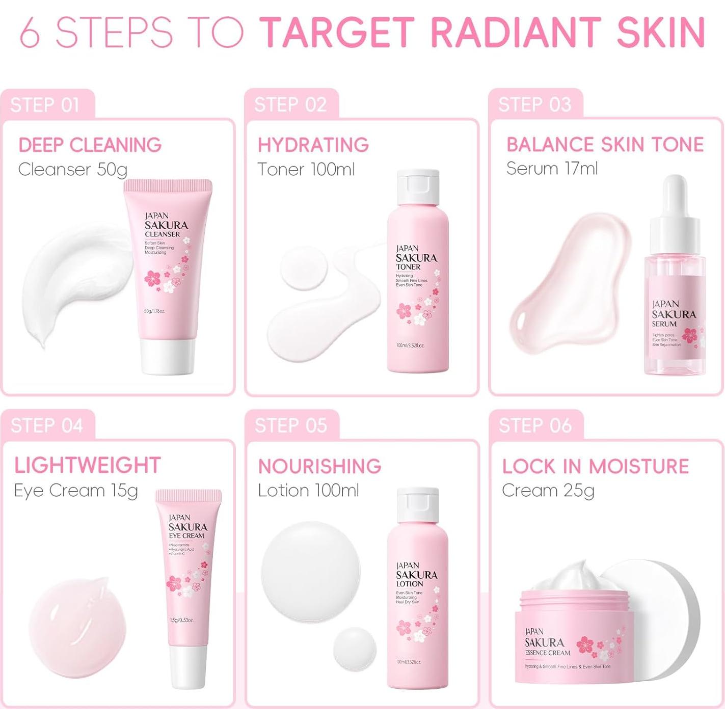 Juego de Cuidado de la Piel Sakura 6 Piezas - Limpiador, Tónico, Crema